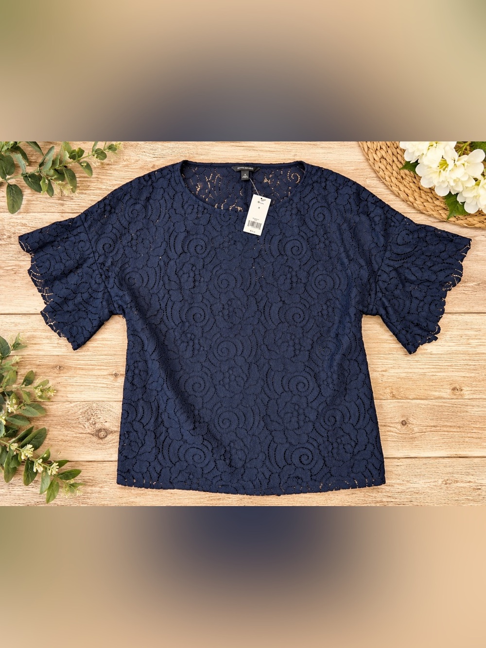 Banana Republic Navy Floral Lace Short Sleeve Blouse